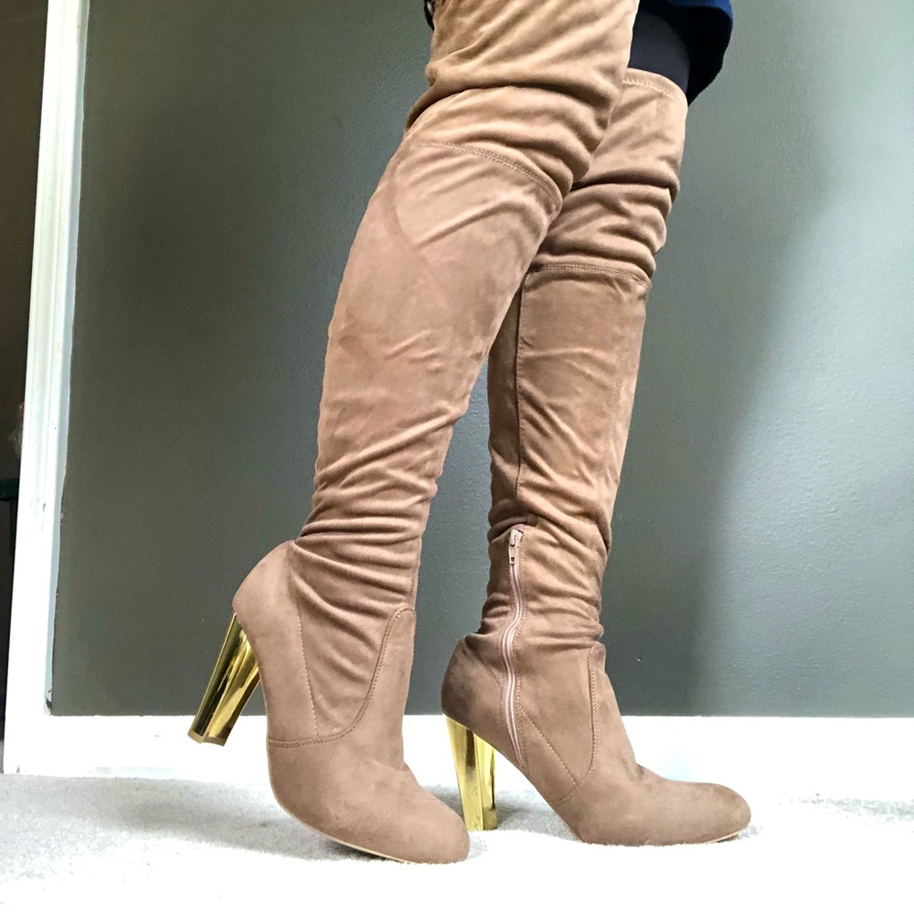 Size 10 tan suede over the knee boots with gold heel